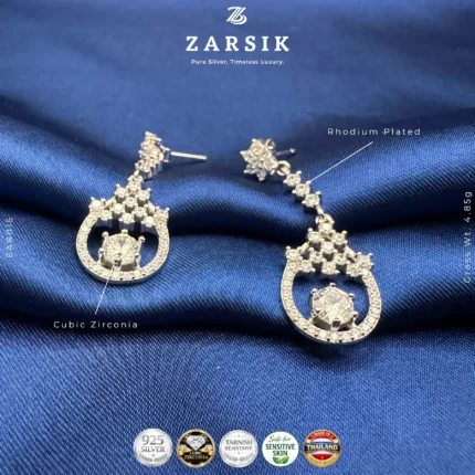 Ethereal Cascade 925 Silver CZ Drop Earrings in rhodium-plated 925 sterling silver