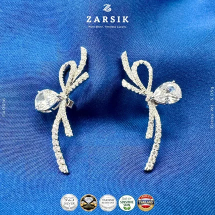 Radiant 925 Silver Ribbon Drop Earrings with CZ bow and teardrop stone