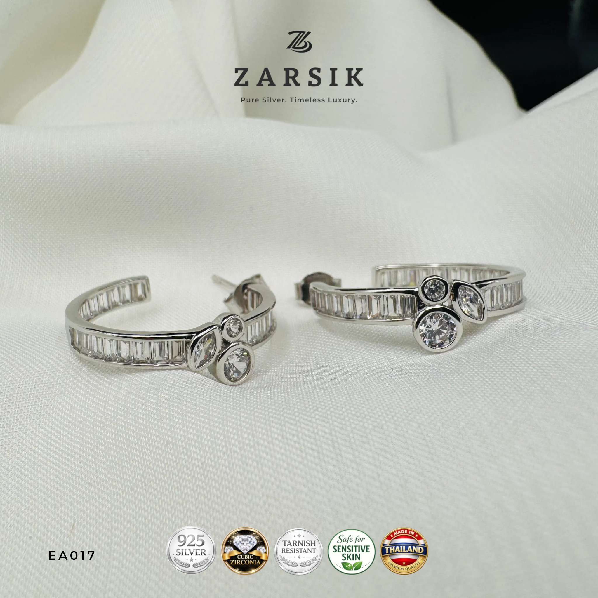 EA017 - Trilogy 925 Silver CZ Huggie Earrings Trilogy 925 Silver CZ Huggie Earrings