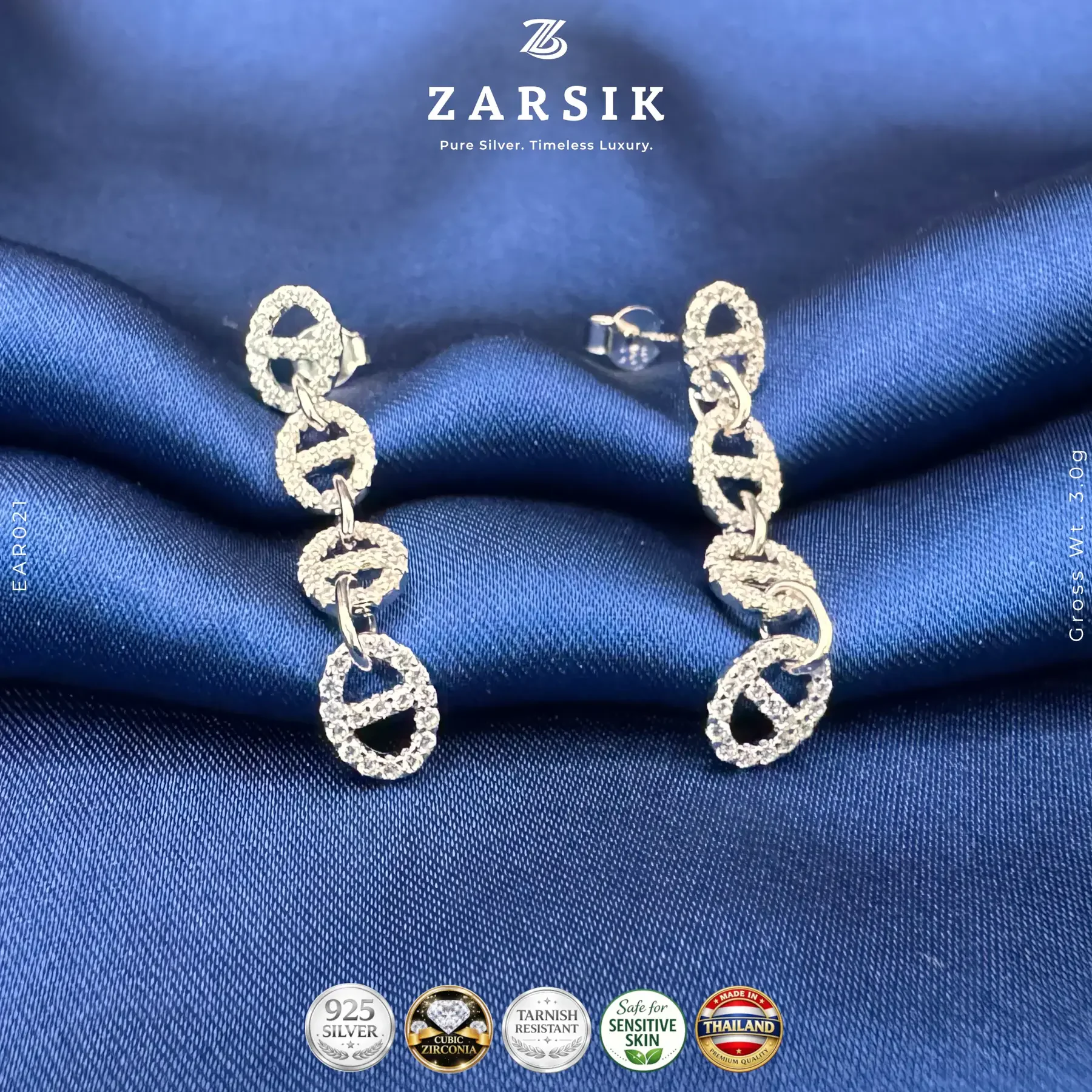 Radiant Link Luxe 925 Silver Chain-Link Drop Earrings Radiant Link Luxe 925 silver chain-link drop earrings with Cubic Zirconia and rhodium plating