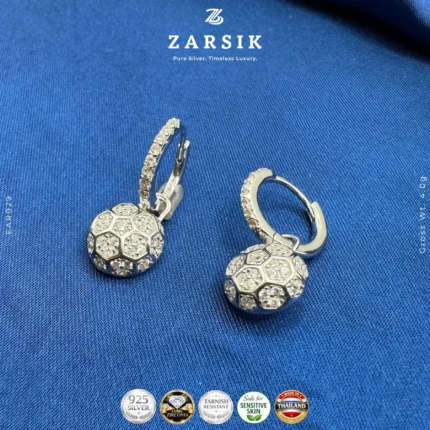 925 sterling silver turtle shell sphere hoop earrings with Cubic Zirconia and rhodium plated finish