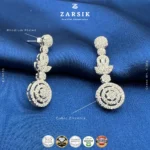 925 silver geometric CZ drop earrings, rhodium plated, Thai-crafted, displayed
