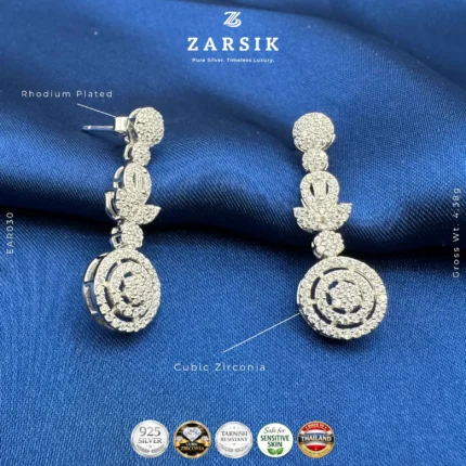 925 silver geometric CZ drop earrings, rhodium plated, Thai-crafted, displayed