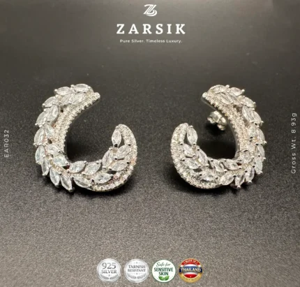 Crescent Leaf 925 Silver Earrings with synthetic stones, rhodium plated