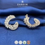 Crescent Leaf 925 Silver Earrings with Sparkling Synthetic Stones - Image 4