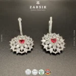 Multi-layer sparkle 925 silver heart cut earrings with synthetic red stone and rhodium plated finish