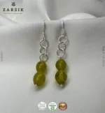 Handmade 925 sterling silver olive green drop earrings Thai artisan double stone dangle design
