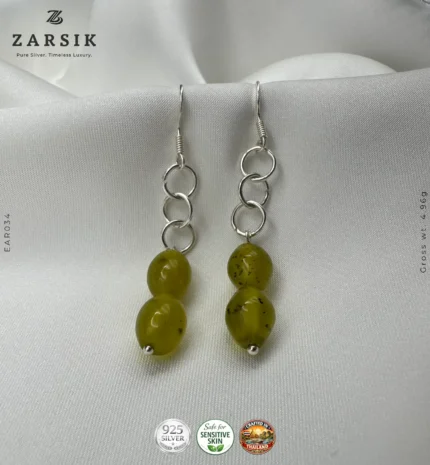 Handmade 925 sterling silver olive green drop earrings Thai artisan double stone dangle design