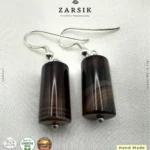 Handmade 925 silver stripe stone drop earrings with cylindrical brown and grey stones