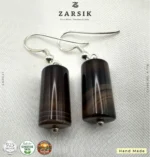 Handmade 925 silver stripe stone drop earrings with cylindrical brown and grey stones