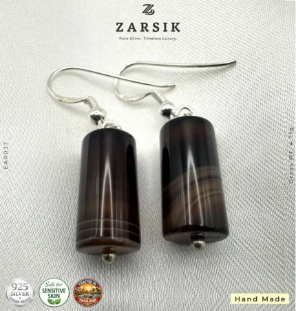 Handmade 925 silver stripe stone drop earrings with cylindrical brown and grey stones
