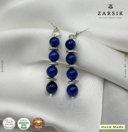 Handcrafted 925 silver dangle earrings with deep blue stones