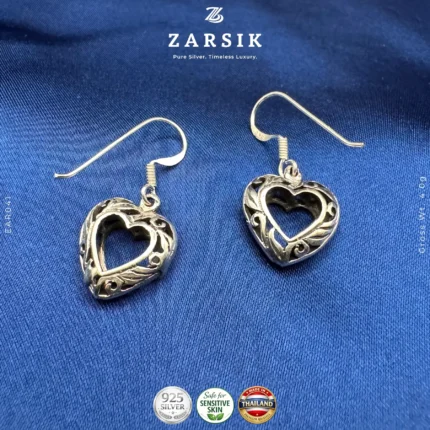 Pure 925 silver filigree heart drop earrings showing polished openwork design