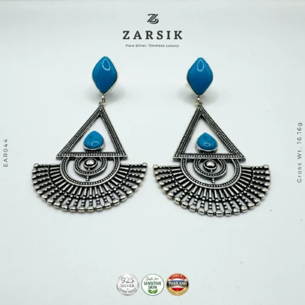 925 polished silver turquoise geometric statement earrings– handcrafted Thai silver triangle & fan dangle earrings
