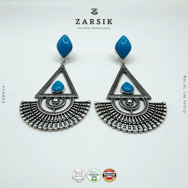 925 polished silver turquoise geometric statement earrings– handcrafted Thai silver triangle & fan dangle earrings