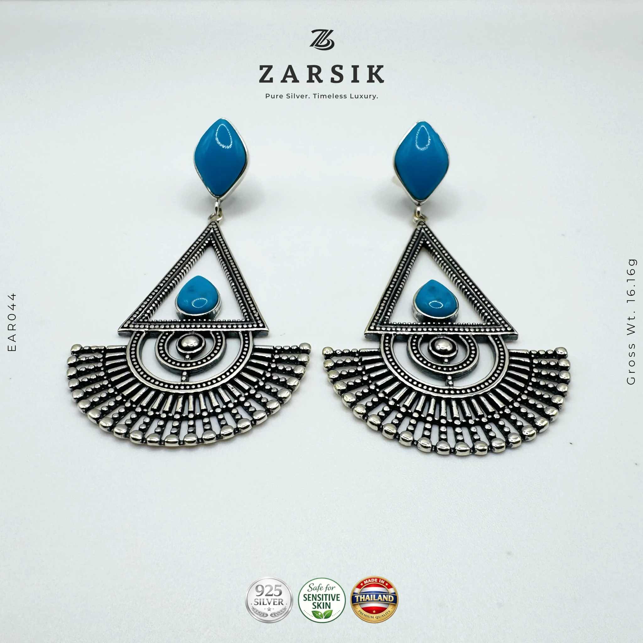 EA044 - 925 polished silver turquoise geometric statement earrings– handcrafted Thai silver triangle & fan dangle earrings 925 polished silver turquoise geometric statement earrings– handcrafted Thai silver triangle & fan dangle earrings