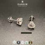 Italian moissanite stud earrings in 925 sterling silver with 7mm round stones and rhodium plating