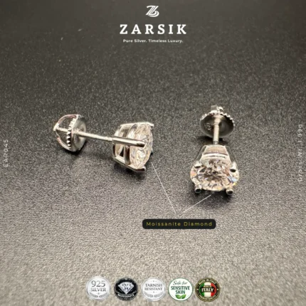 Italian moissanite stud earrings in 925 sterling silver with 7mm round stones and rhodium plating