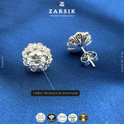 Italian 925 silver moissanite halo stud earrings with 1.98ct centre stone, rhodium plated