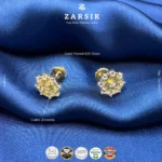 Golden Bloom gold plated 925 silver CZ floral stud earrings on white background, Thai crafted jewelry