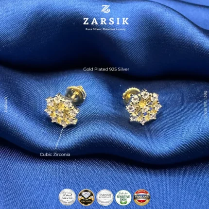 Golden Bloom gold plated 925 silver CZ floral stud earrings on white background, Thai crafted jewelry