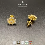 Detail of Golden Bloom 925 silver gold plated CZ floral stud earring showing cubic zirconia cluster and screw-back post