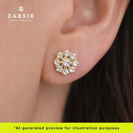 Woman wearing Golden Bloom gold plated 925 silver CZ floral stud earrings styled for everyday and evening wear