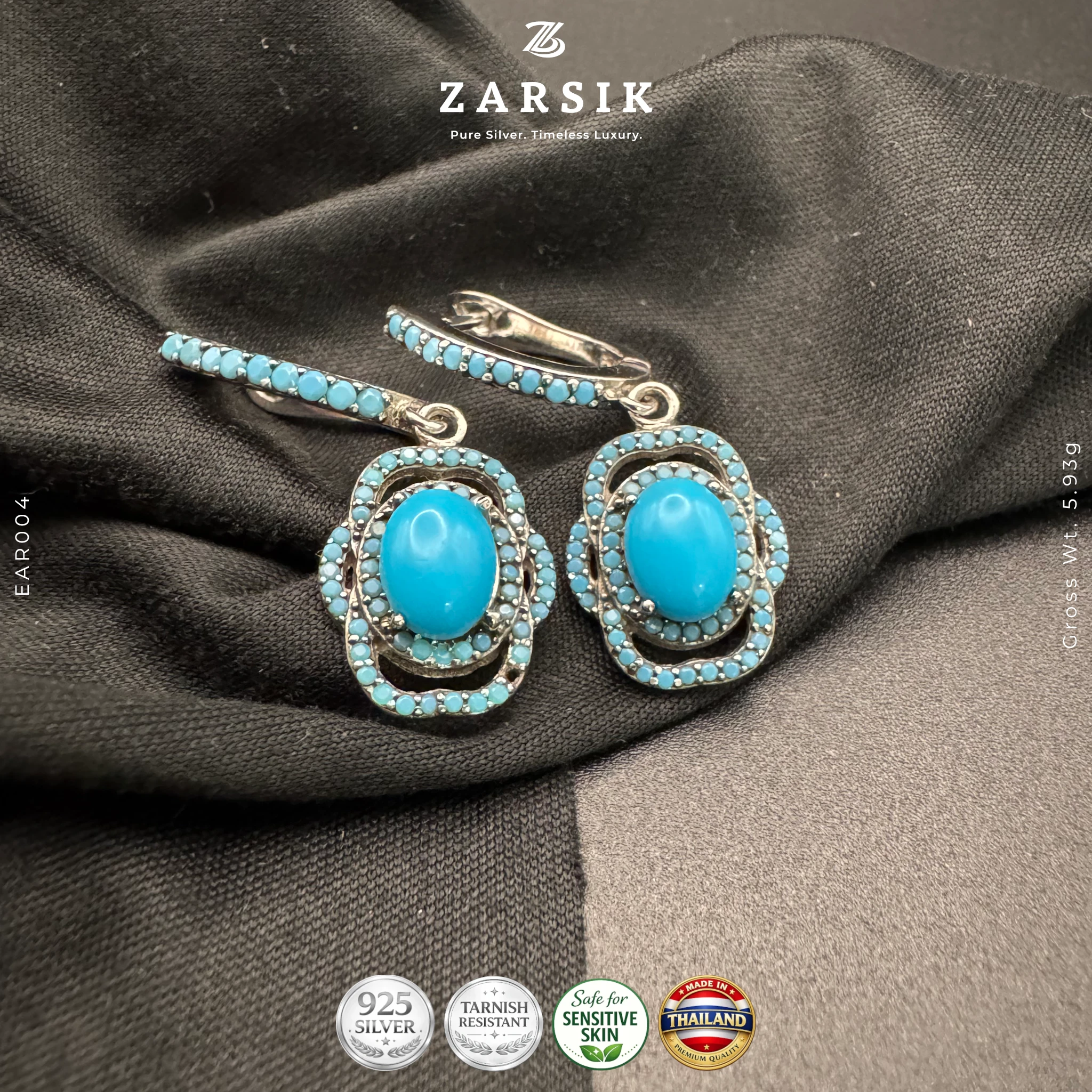 EAR004_4 Thai Ocean Blue Opulent Drop Earrings - Rhodium plated - Image 1