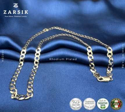 925 sterling silver curb chain necklace with rhodium plated finish displayed against a clean background