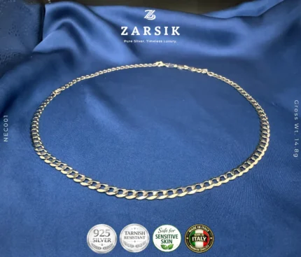 925 sterling silver curb chain necklace with rhodium plated finish displayed against a clean background