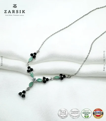 925 silver emerald and sapphire Y necklace with rhodium plating, floral design, made in Thailand