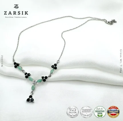 925 silver emerald and sapphire Y necklace with rhodium plating, floral design, made in Thailand