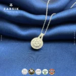 925 sterling silver diamond pendant necklace with natural single cut diamonds in circular design, rhodium plated, on white background