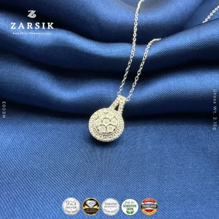 925 sterling silver diamond pendant necklace with natural single cut diamonds in circular design, rhodium plated, on white background