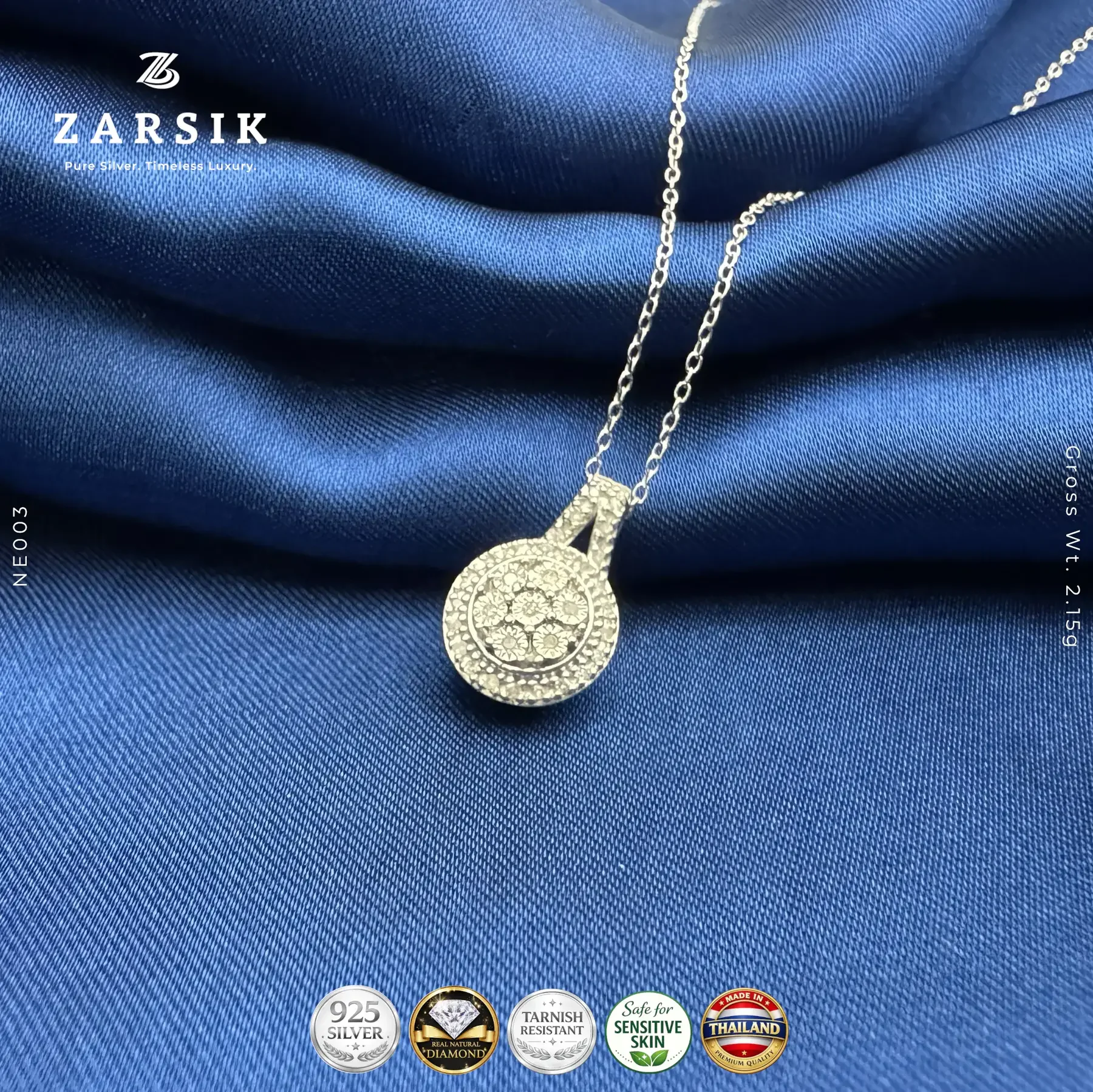 NE003_2 925 sterling silver diamond pendant necklace with natural single cut diamonds in circular design, rhodium plated, on white background