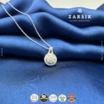 925 sterling silver diamond pendant necklace with natural single cut diamonds in circular design, rhodium plated, on white background