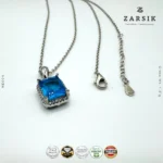 Blue Rectangular Pendant Necklace with CZ Halo in 925 Silver