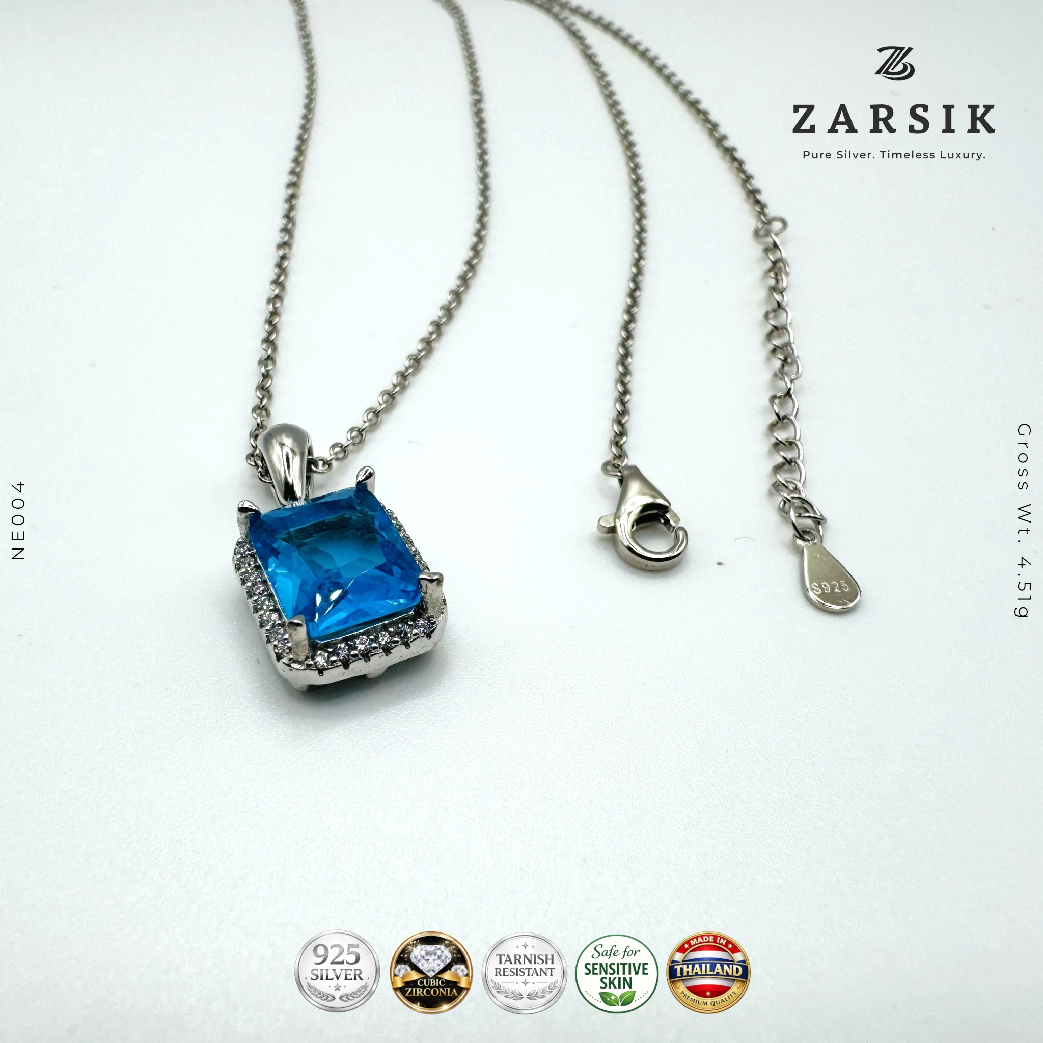 NE004 - Blue Rectangular Pendant Necklace with CZ Halo in 925 Silver Blue Rectangular Pendant Necklace with CZ Halo in 925 Silver