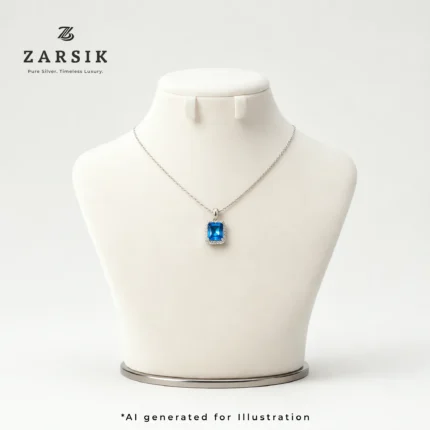 Blue Rectangular Pendant Necklace on a dummy