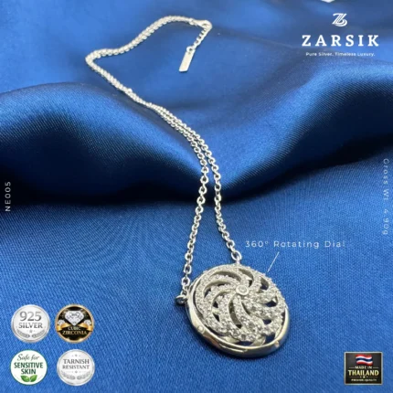 925 silver 360° rotating cubic zirconia pendant necklace with rhodium-plated round dial on chain, front view