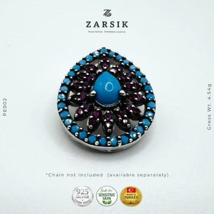 Turquoise & Rose Halo 925 Silver Pendant | Rhodium Plated Turkish Craft