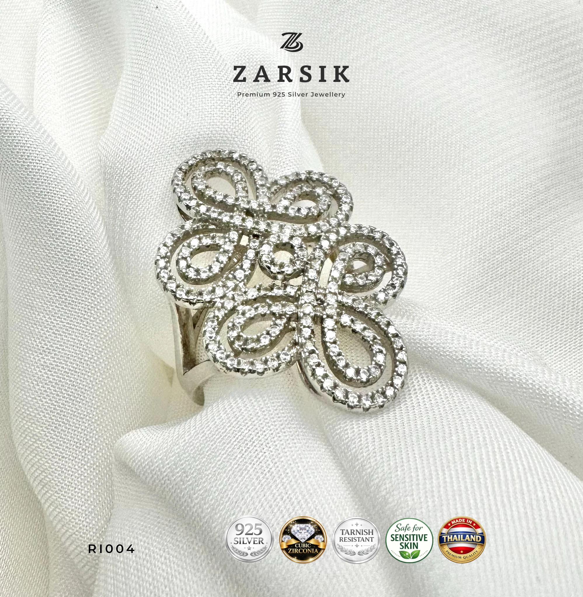 RI004 - 925 Silver Flower Ring with Cubic Zirconia 925 Silver Flower Ring with Cubic Zirconia