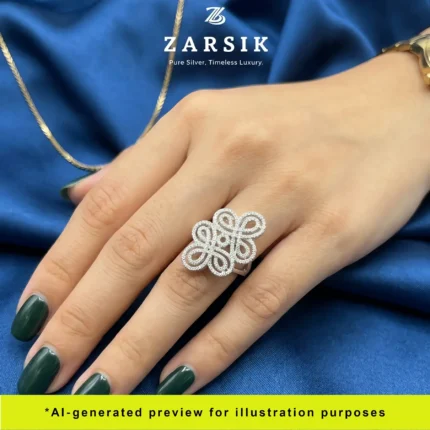 Model wearing 925 silver cubic zirconia statement ring showcasing elegant floral design and sparkle in natural light