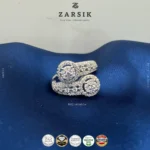 Close-up view of double halo cubic zirconia setting on 925 sterling silver rhodium plated ring
