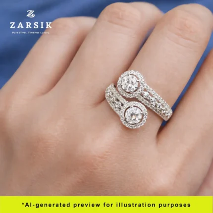 Model wearing adjustable double halo 925 silver CZ ring styled for elegant everyday wear