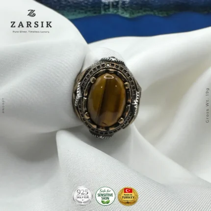 925 oxidised sterling silver men’s ring with Tiger’s Eye stone Turkish handmade 19g statement ring