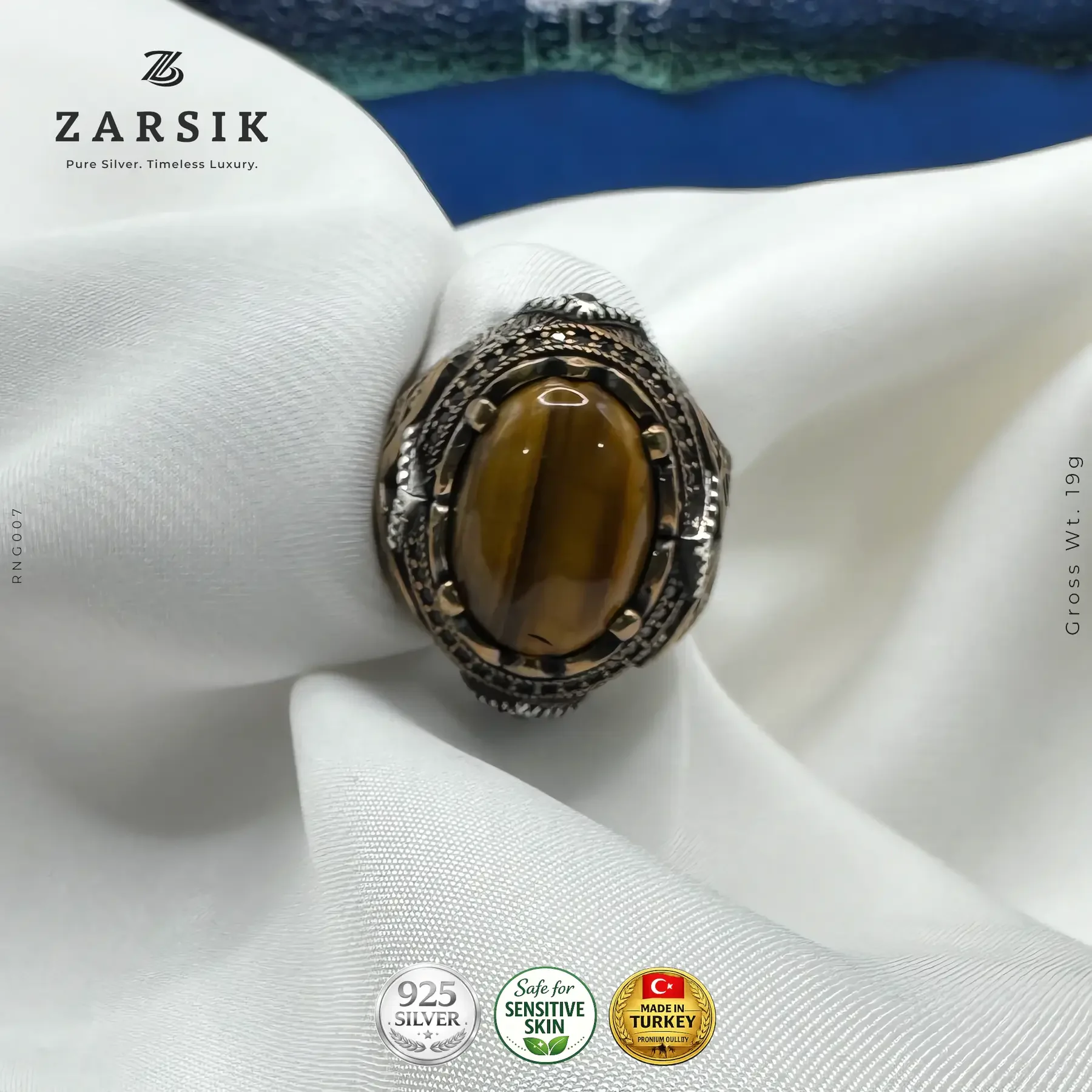 RI007_2 925 oxidised sterling silver men’s ring with Tiger’s Eye stone Turkish handmade 19g statement ring