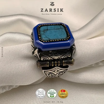 Men's 925 oxidised silver ring with dual blue stones on a clean white background.