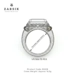 Close-up of the intricate engravings and beaded border on a 16.5g oxidised silver ring.