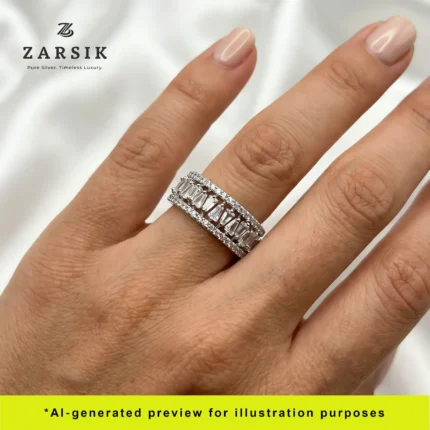 Woman wearing a 925 Silver Cubic Zirconia Ring styled with a casual modern outfit.